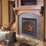 Traditional style fireplace with tile surround, with mantel